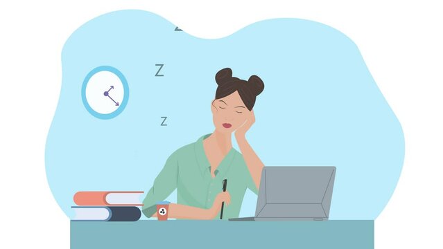 Tired Female Student Sleeping on Office Table with Books and Laptop. Young Woman Failing asleep while studying or working with clock deadline. Flat Design Character Animation.  