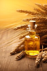 a bottle of oil next to wheat