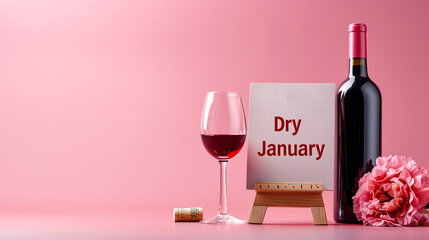 Dry January concept  glass of wine  and bottle and a sign with words Dry January ,Alcohol-free campaign, copy space for text