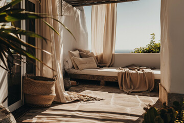 atmospheric photo featuring a minimalist terrace with a comfortable daybed, soft blankets, and a view of the Mediterranean, embodying the leisurely spirit of a Spanish siesta. Span