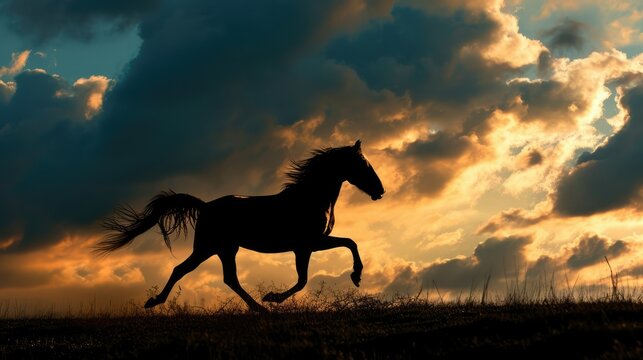 Running Horse Silhouette: The powerful silhouette of a horse running, set against a dramatic sky