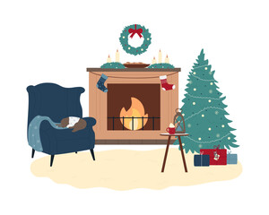 Cozy Christmas fireplace interior. Warm xmas winter atmosphere cartoon vector illustration