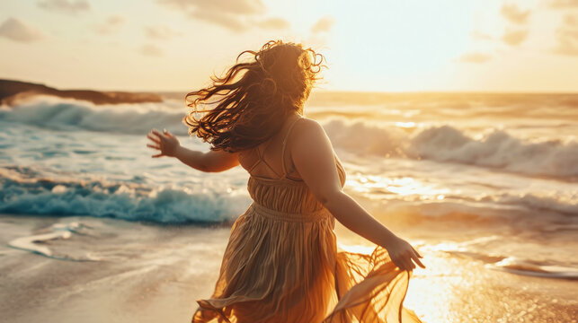 Beautiful happy plus size girl dancing on the beach with her hair flying. Body love concept. Generative AI