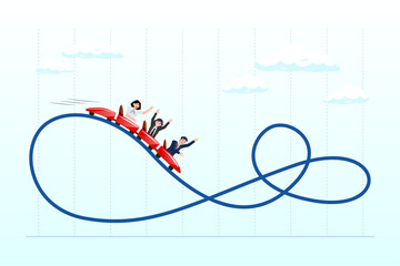 People investors riding roller coaster on fluctuated market chart, investment volatility metaphor of riding roller coaster, financial stock market fluctuation rising up and falling down (Vector) - obrazy, fototapety, plakaty