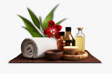 Day spa set including essential and massage oils, candle and towel, isolated on white background