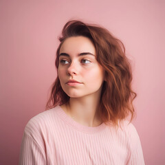 Fototapeta premium portrait of a woman, Authentic portrait of a confident young woman embracing her natural beauty and individuality on pink background 