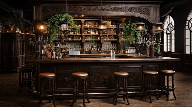 empty round wooden table surface with blurred bar back - Powered by Adobe