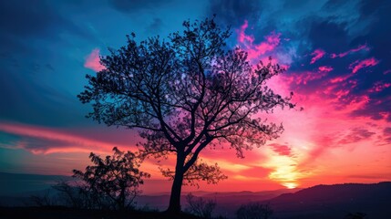 Fototapeta na wymiar Silhouette of a Tree: A lone tree against a colorful sky, at sunrise or sunset, symbolizing peace and nature. 