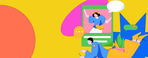 Obraz premium Virtual characters social communication concept business flat vector hand drawn illustration 