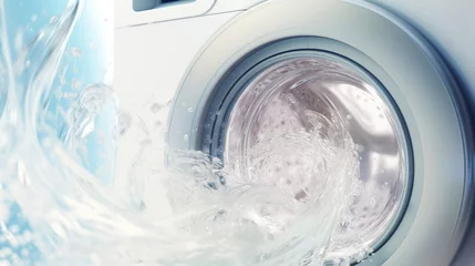 Foto op Plexiglas Washing machine drum with water, closeup. Water splash with neon light. Generative AI © AngrySun