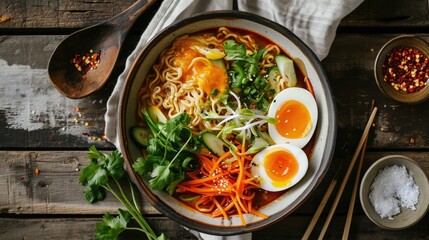 Fototapeta premium Spicy Ramen Bowl: An aromatic ramen bowl with noodles, broth, vegetables, and a soft-boiled egg