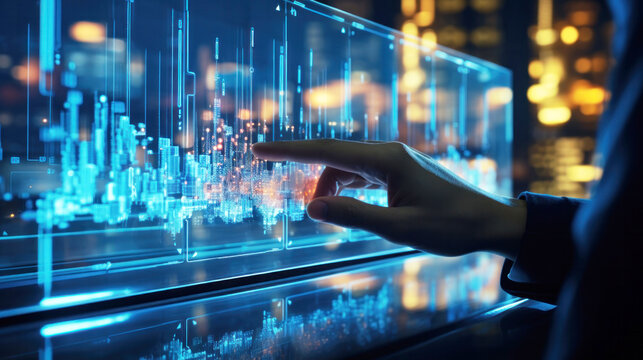 Finance professional analyzing financial data on 3D screen.
Data visualization, business graph and sales growth. Generative AI