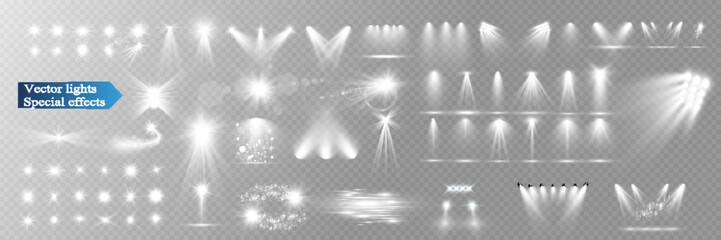 Set of light spotlight effects.Lens flare, explosion,sparkle, dust,line,solar flare, spark and stars.
 - obrazy, fototapety, plakaty