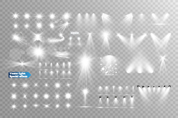 Set of light spotlight effects.Lens flare, explosion,sparkle, dust,line,solar flare, spark and stars.
