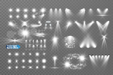 Set of light spotlight effects.Lens flare, explosion,sparkle, dust,line,solar flare, spark and stars.
 - obrazy, fototapety, plakaty