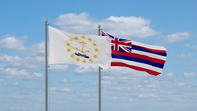 Hawaii and Rhode Island US state flags waving together on cloudy sky, endless seamless loop
