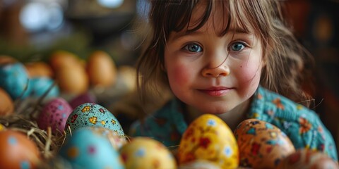 Fototapeta na wymiar A happy cute little girl surrounded by beautifully painted eggs for the Easter holidays