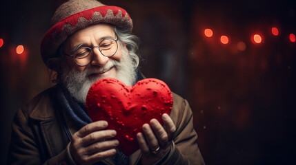 Old Man holding heart symbol valentine day gift. Love and romantic emotion concept.