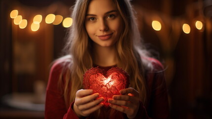 Woman holding heart symbol valentine day gift. Love and romantic emotion concept.