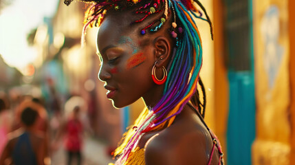 Energetic cool African woman with colourful dreadlocks dancing on the street. Holi Diwali...