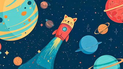 Naklejka premium Space background for kids with planets and stars and cat astronaut on rocket , cartoon illustration