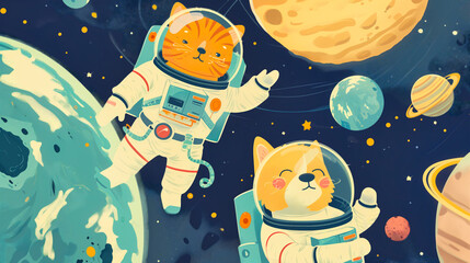 Space background for kids with planets and stars and pet astronauts, cartoon illustration