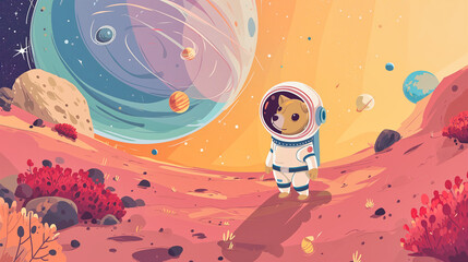 Space background for kids with planets and stars and pet dog astronaut, cartoon illustration - 700562871
