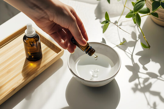 Close up of woman hand adding essential oil from bottle into a bowl of water on table, Aromatherapy