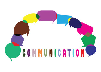 Communication word with multicolored dialog speech bubbles.