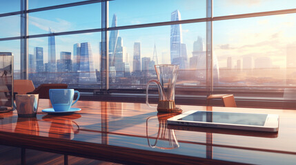 Modern and bright meeting and board room with large wooden table and large windows with views of the city. Empty office with beautiful view of city skyscrapers. Generative Ai