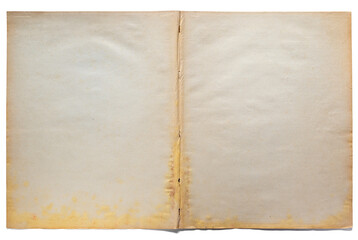 Blank, stained, antique paper double page.Isolated on transparent background.