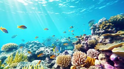 Fototapeta na wymiar Underwater view of a colorful sea coral reef with fishes. Ocean ecosystem. Generative AI