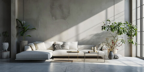 Luxury dark loft living room with concrete walls and white sofa. Interior background concept. Generative AI