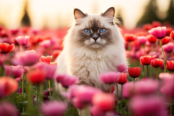 Ragdoll cat in field of pink and red tulip spring flowers