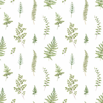 Beautiful seamless pattern with watercolor hand drawn forest plant leaves and flowers. Popular stock design. Textile print.