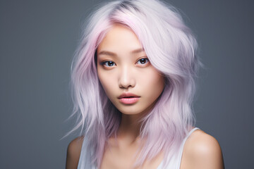 Portrait of attractive young Asian woman with light pastel violet hair in front of gray studio background