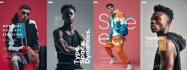 Contemporary fashion poster series featuring male models and dynamic typography. - obrazy, fototapety, plakaty