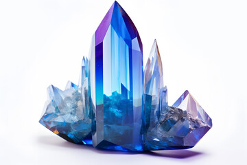 Single blue and purple Aura quartz crystal on white background