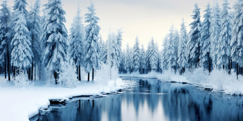 Rows of pines in snow on the lake edge. Serene winter landscape. Generative AI