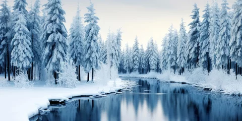Fototapeten Rows of pines in snow on the lake edge. Serene winter landscape. Generative AI © AngrySun