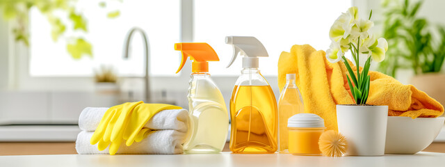 cleaning supplies neatly arranged on countertop in bright home interior, including spray bottles, cleaning liquids, gloves, towels, and a potted plant, conveying a sense of freshness and cleanliness