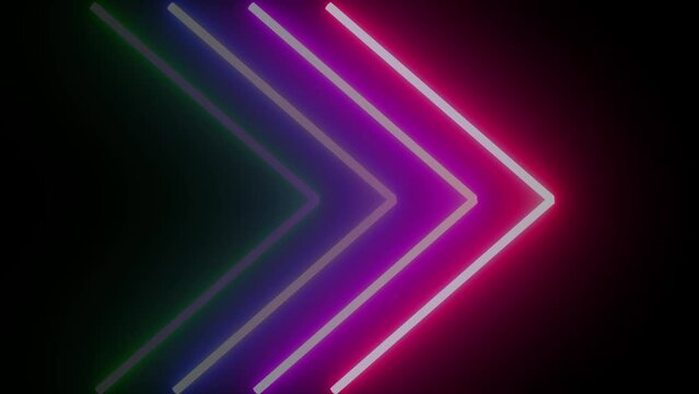 Seamless loop. multi colour neon glowing arrows. Direction banner. Futuristic light on black background.