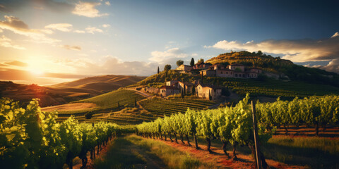 Vineyard landscape with an old winery building on a hill in a sunset sun rays. Rows of grapes. Generative AI