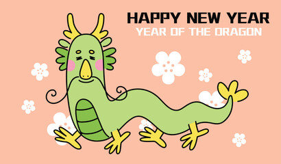 Funny dragon chinese new year 2024 card with plum blossoms background.