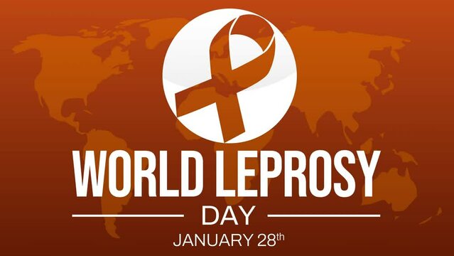 World Leprosy Day background with ribbon and typography on orange backdrop, 4k animation.