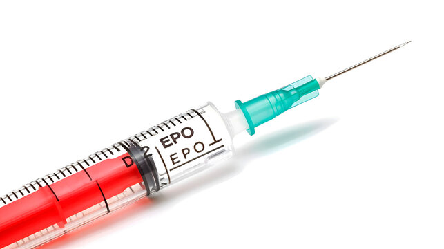 Syringe and needle for injecting erythropoietin or EPO, a doping substance for athletes
