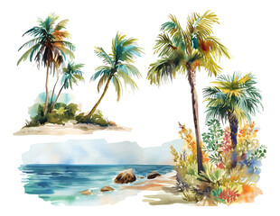 beach with palm trees watercolor texture decorative stickers