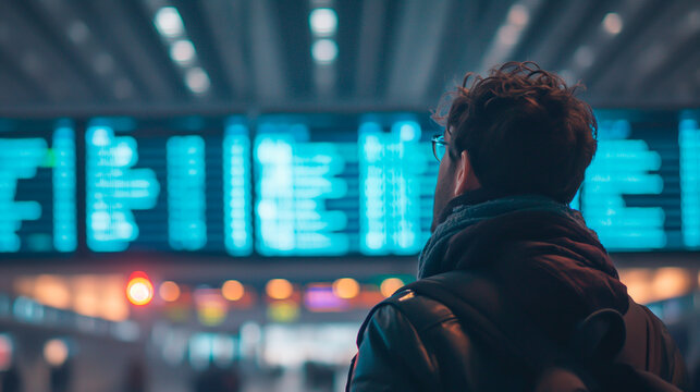 Traveler looking at airport flight information display. Shallow field of view with blurred background.
