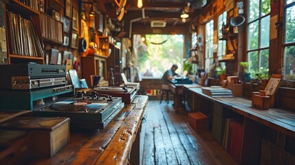 A cozy vintage bookstore with a record player, surrounded by books, offering a warm and nostalgic ambiance for reading and music enjoyment. - obrazy, fototapety, plakaty