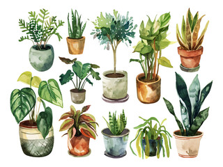 set of plants watercolor texture decorative stickers